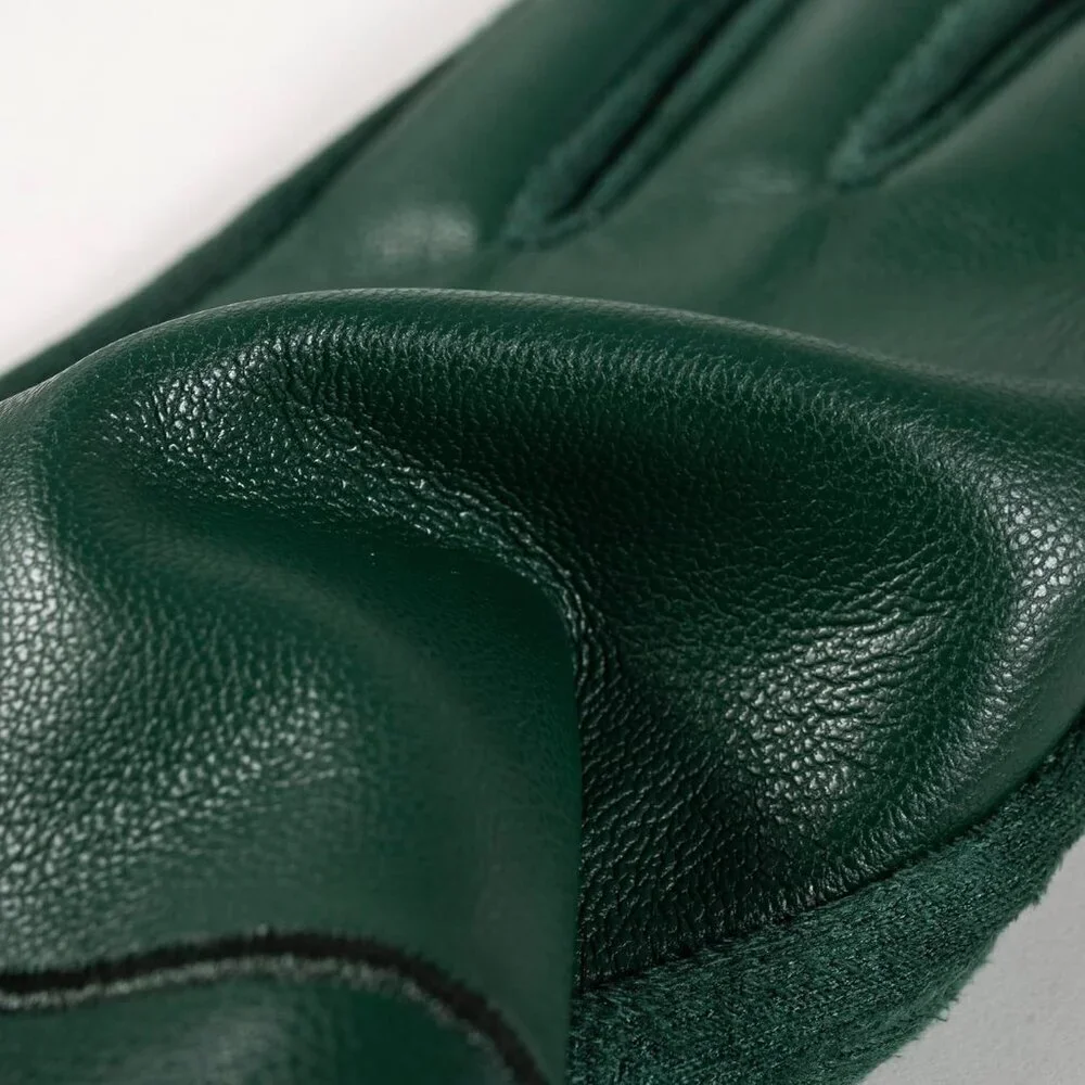 Women's Winter Leather Gloves Touch Screen Wool Lined Windproof Warm Suede Green